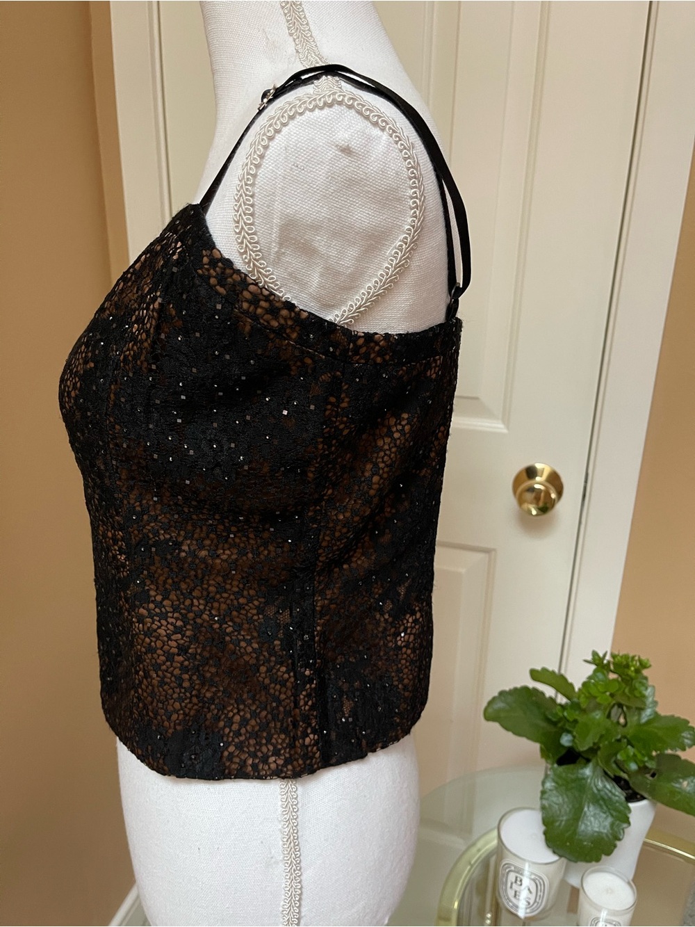 St. John Black Lace Sequin Bustier Top Bronze Lining Size 6 $995 - Picture 11 of 11